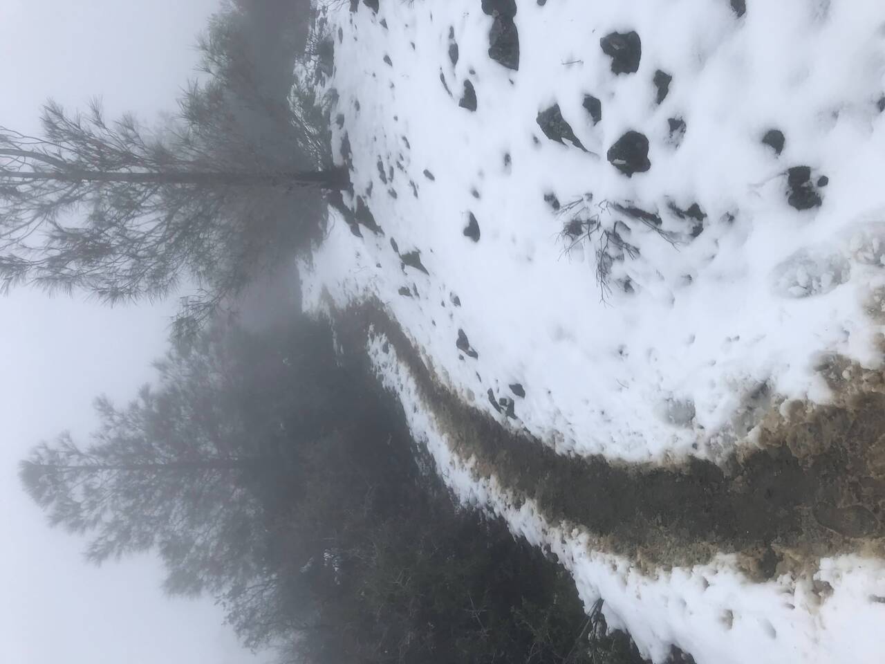 A muddy trail winds up a snowy fog-covered hill