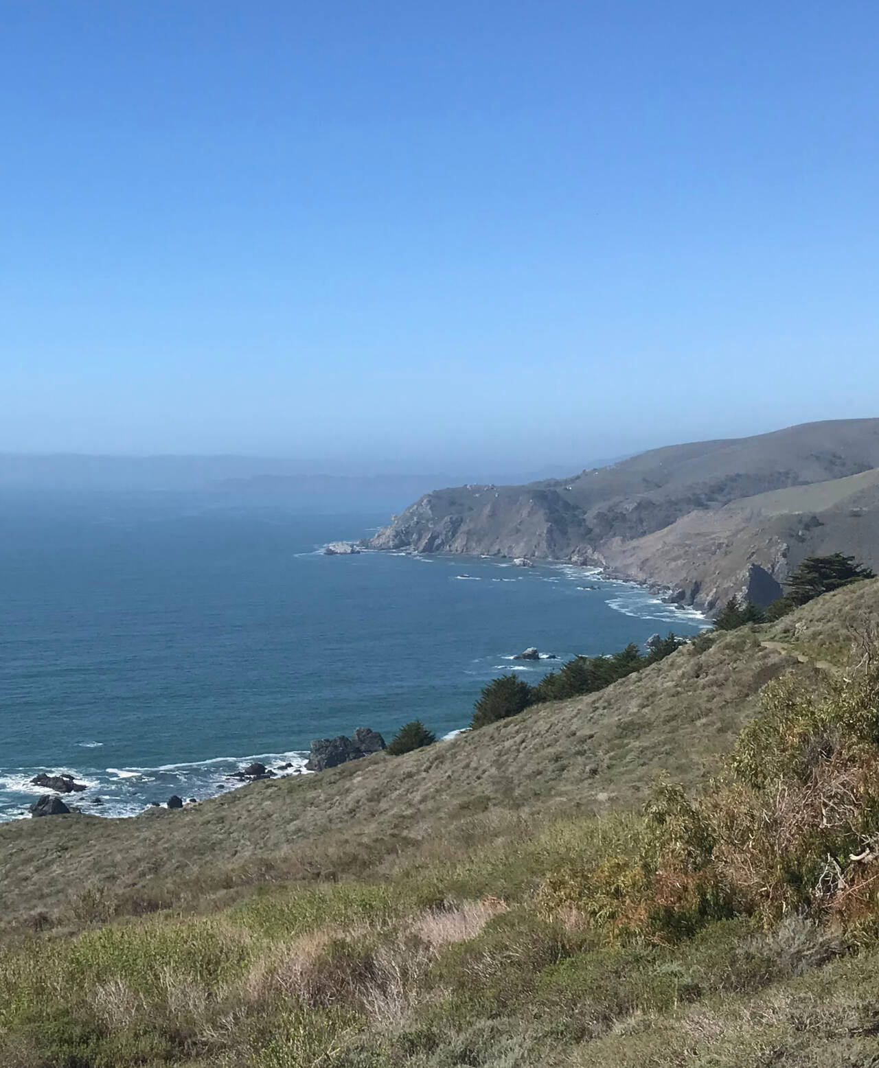 Looking north toward Point Reyes, rugged cliffs line the coast