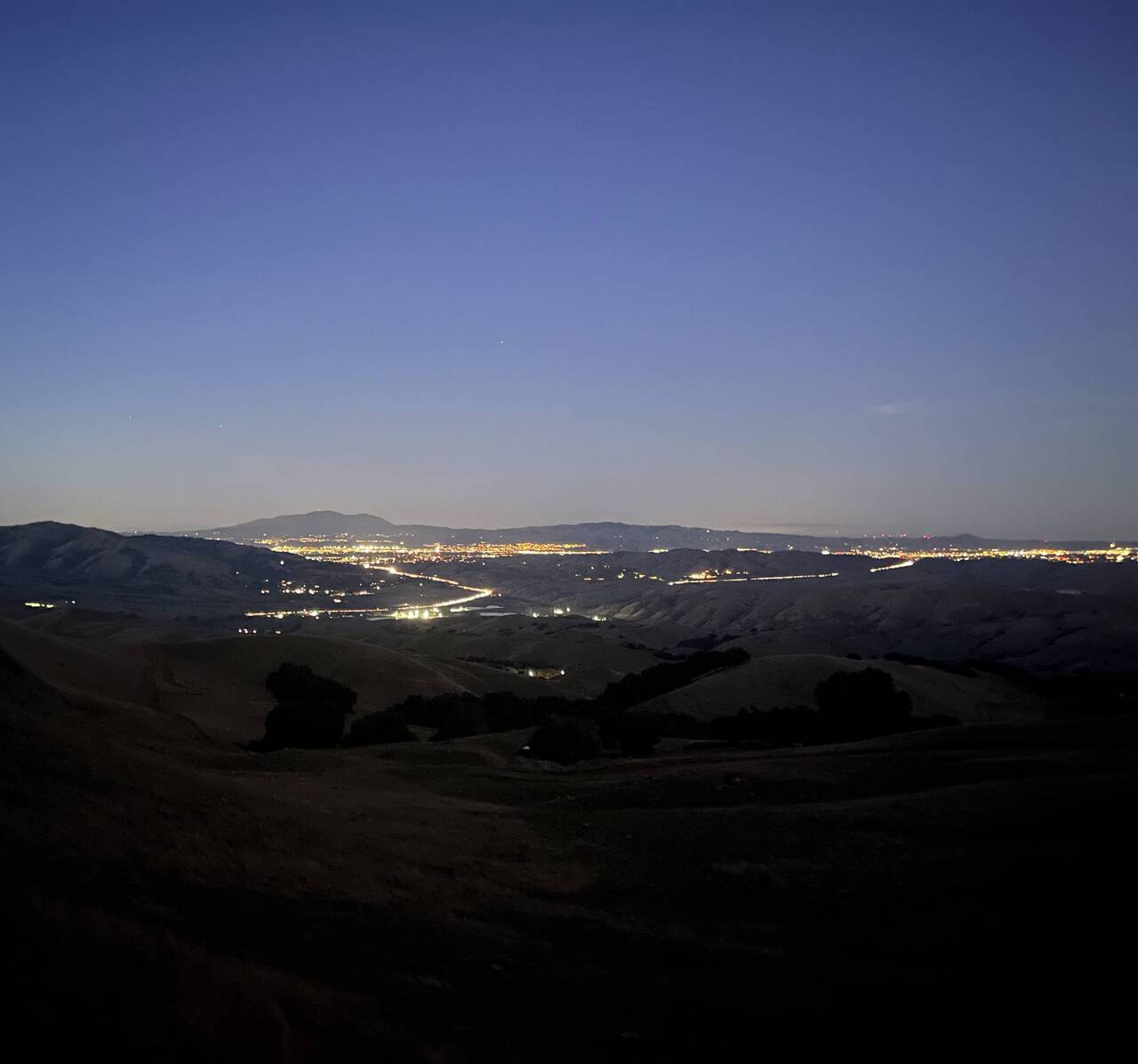 Near Misson Peak, looking toward Pleasanton, the starting point of Livermore is now only a glow on the horizon