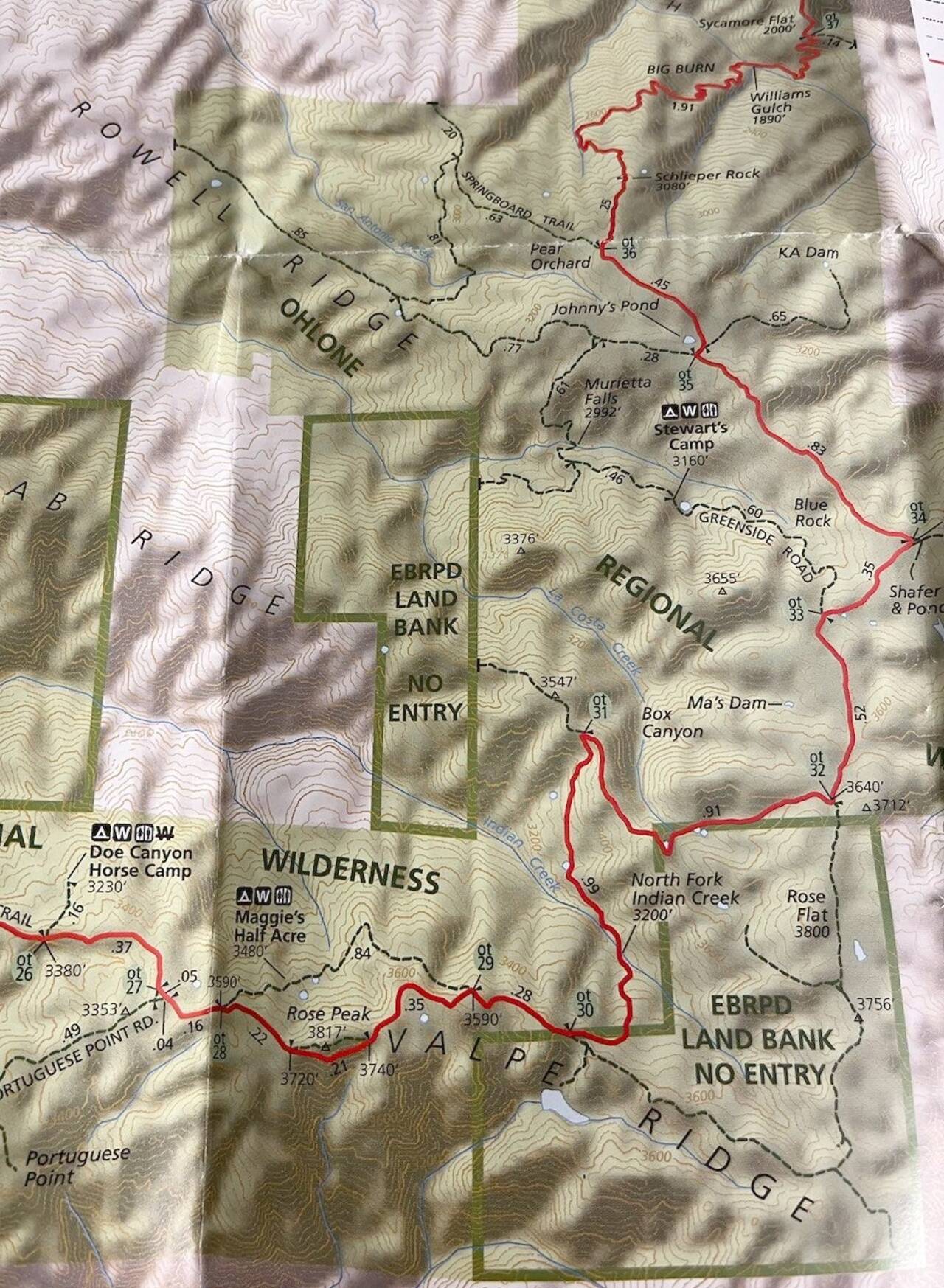 A closeup of a topographic map showing the southeast corner of the route