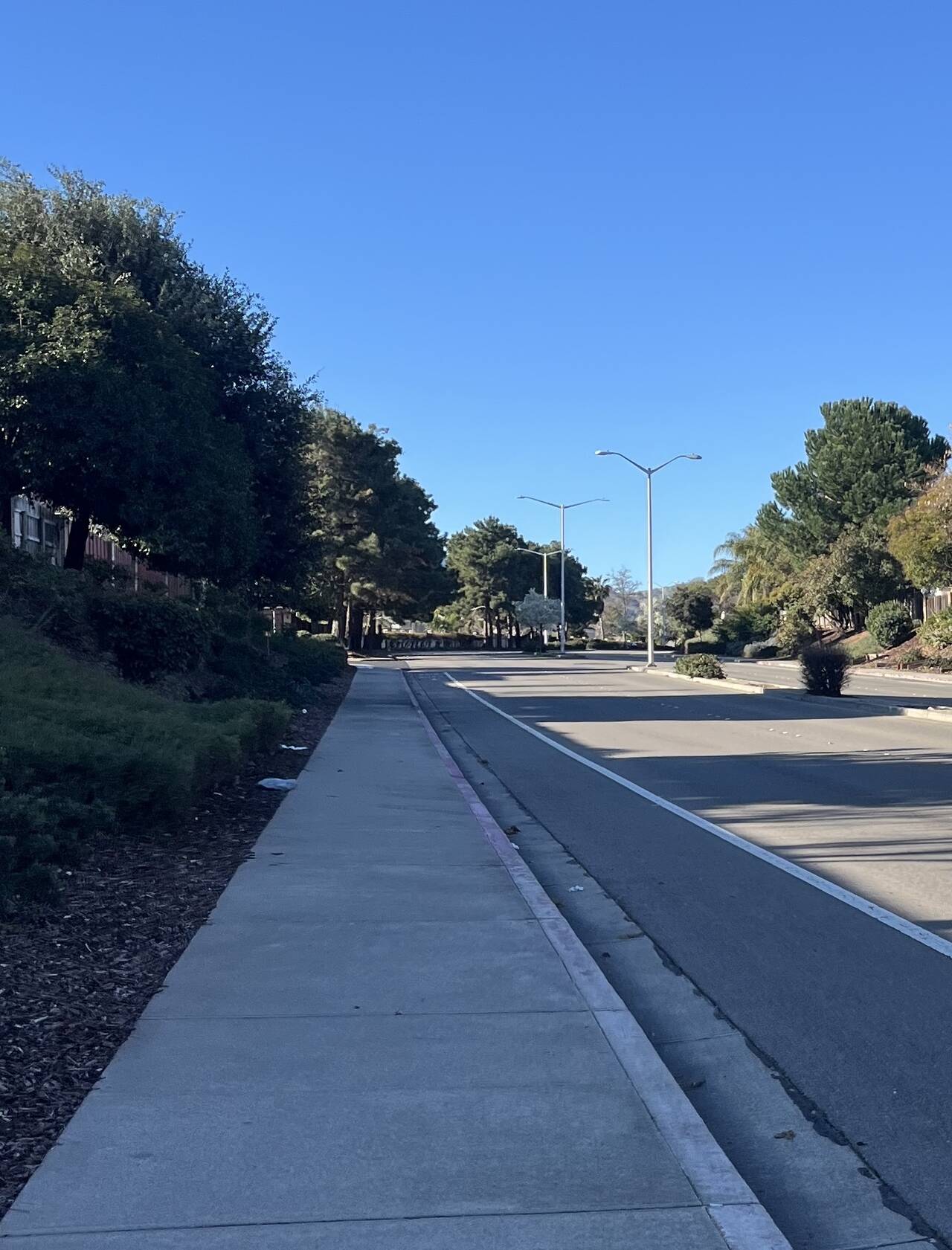 A photo of a shaded suburban sidewalk.